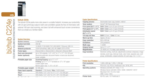 Tehnicka specifikacija - Konica Minolta C224e